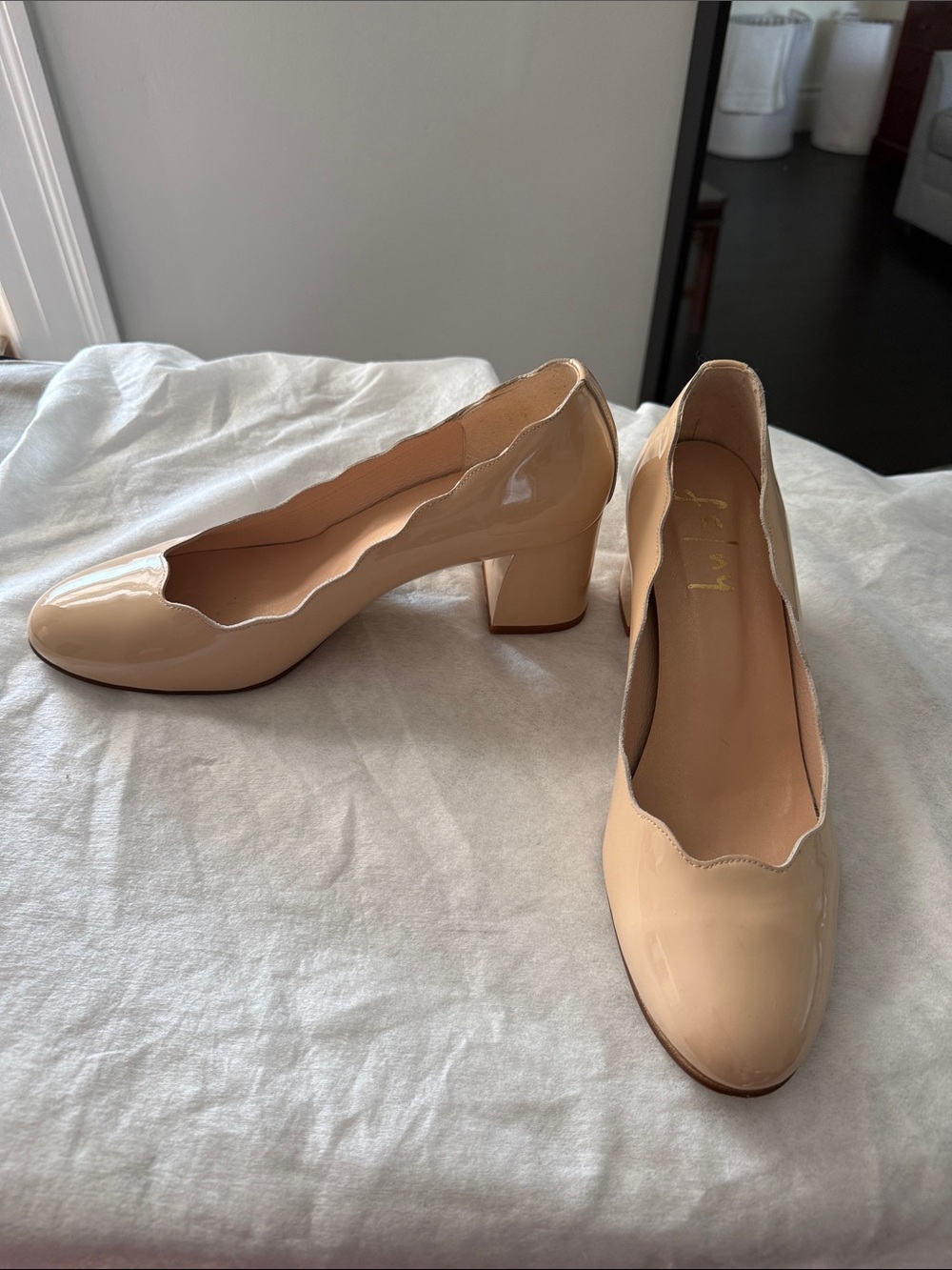 French Sole Nude Patent Scalloped Block Heel Pumps